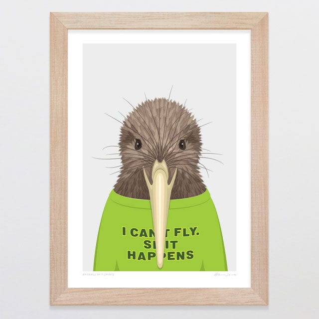 Glenn Jones Art Animals In T-shirts - Kiwi Art Print Art Print A4 / Oak