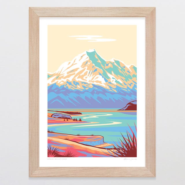 Glenn Jones Art Aoraki Mount Cook Alternative Colour 2024 Art Print Art Print A4 / Oak